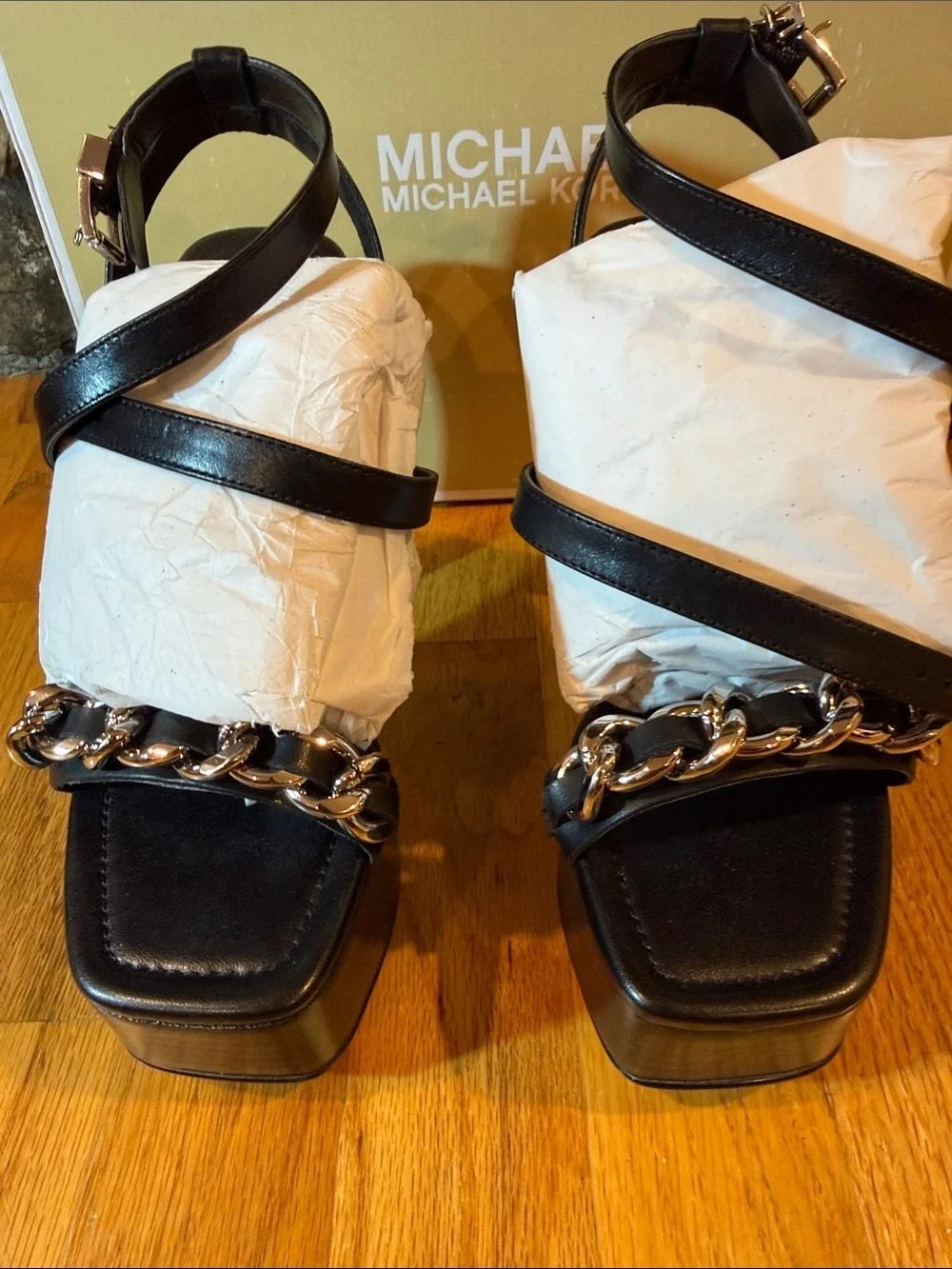 MICHAEL Michael Kors Black Platform Chain-Accent High Heel Sandals